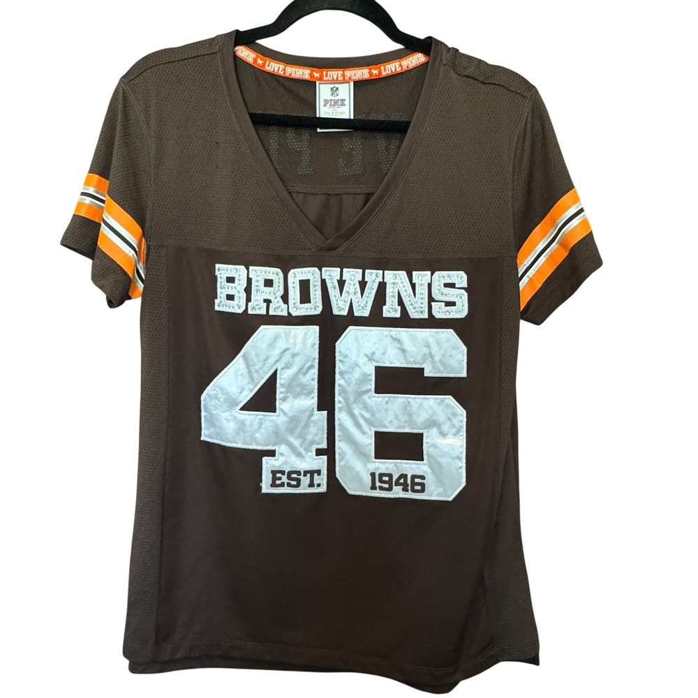 PINK NFL Cleveland Browns Jersey Tee  Small McBling Rhinestones Game Day Dawg